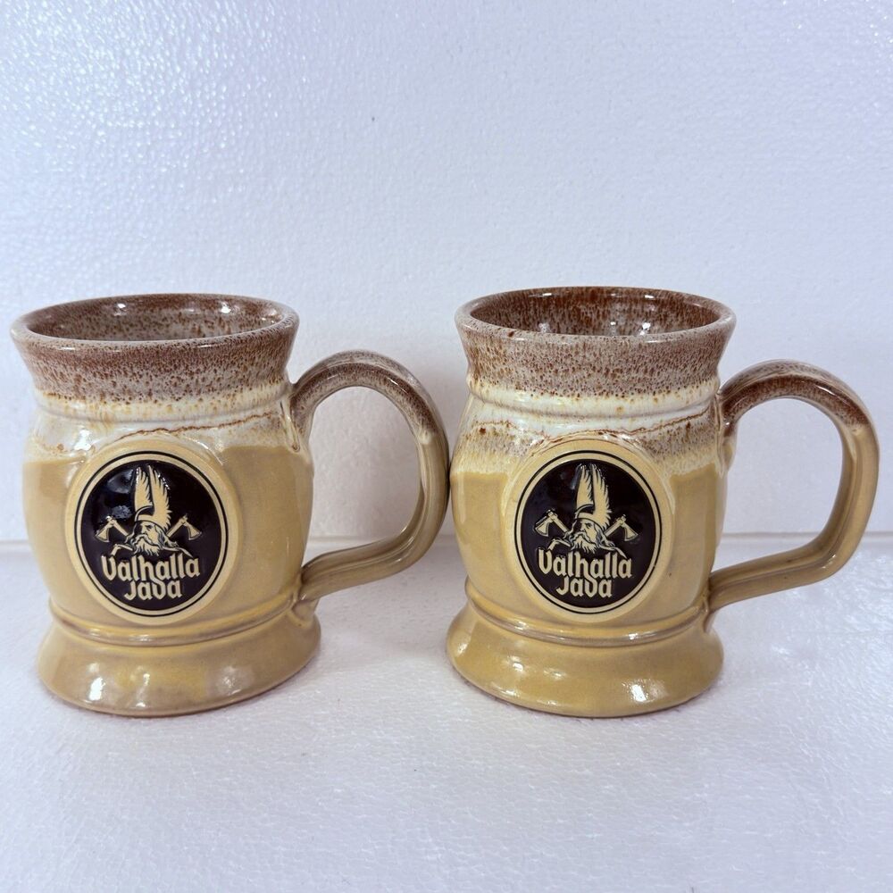Set of 2 - Deneen Pottery Valhalla Java Death Wish Coffee Mugs Viking 5.5” USA